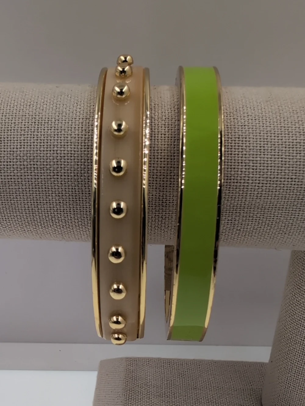 Talbots Set of 2 Hinged Bangle Bracelets Gold-Tone Enamel Stack Green Cream 0113